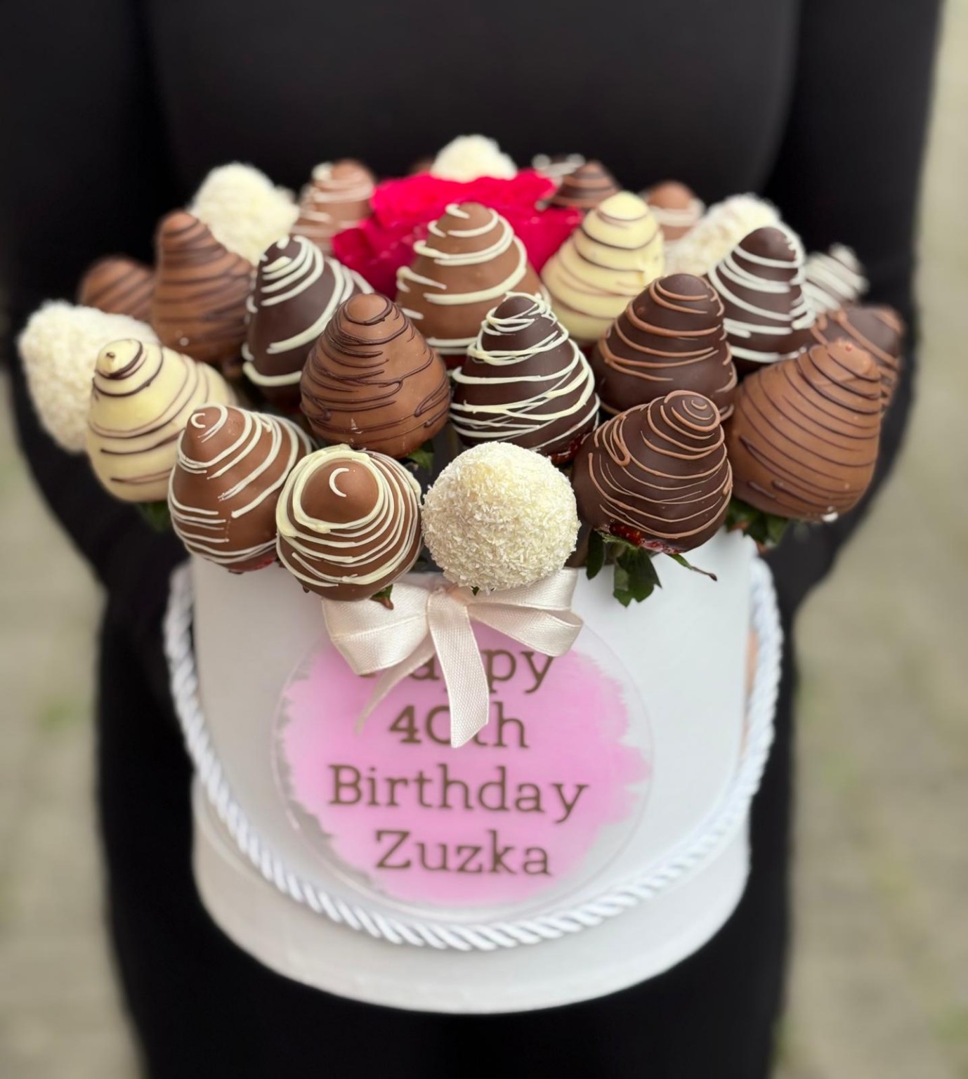 Chocolate strawberry hatbox personalised for a 40th birthday