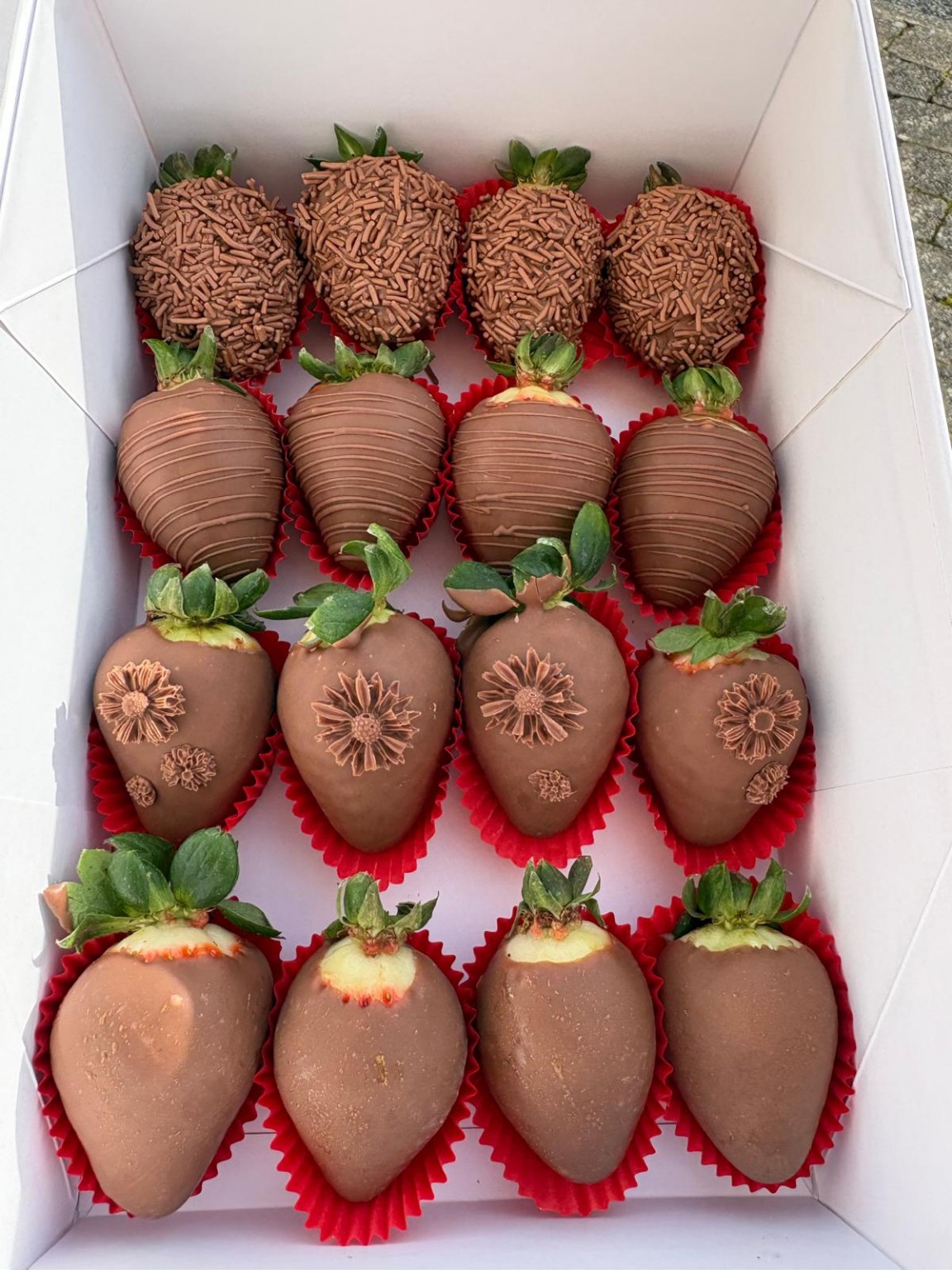 Chocolate-dipped strawberries in a classic rectangular gift box